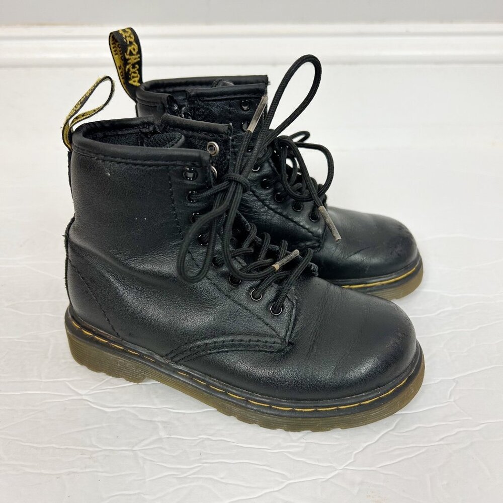 Dr. Martens Kids Black Leather Lace-Up Boots with Yellow Stitching